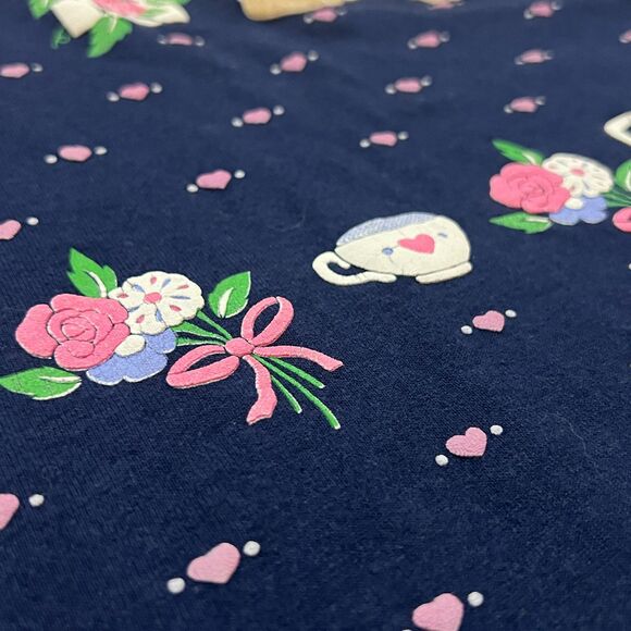 Vintage 90s All Over Print AOP Teddy Bear Tea Party Shirt Puff Print Hearts L - Picture 3 of 7